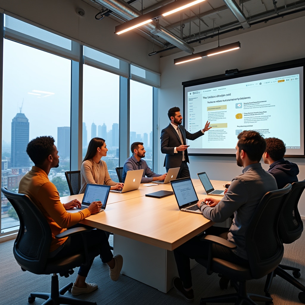 Accessibility training workshop with diverse group of professionals in modern conference room