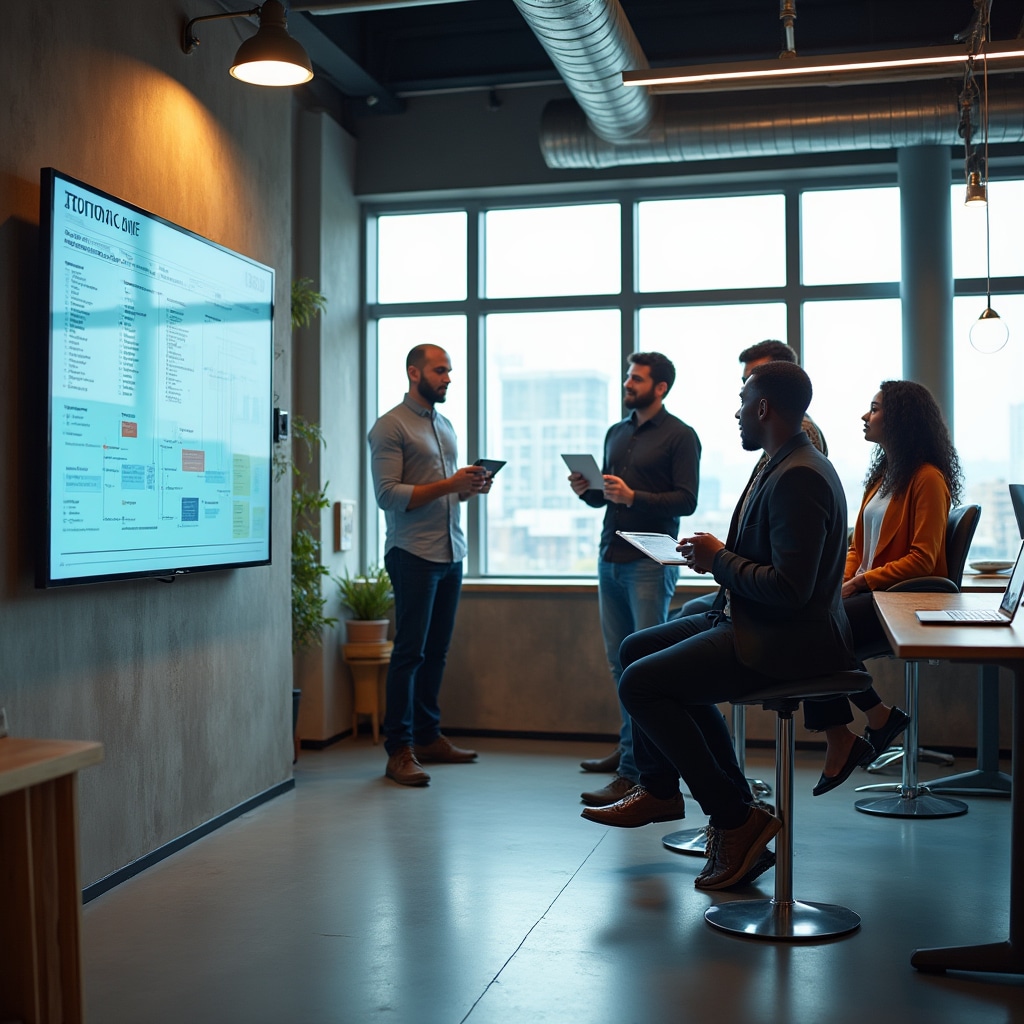 Team collaborating on accessibility action plan with documents and digital displays