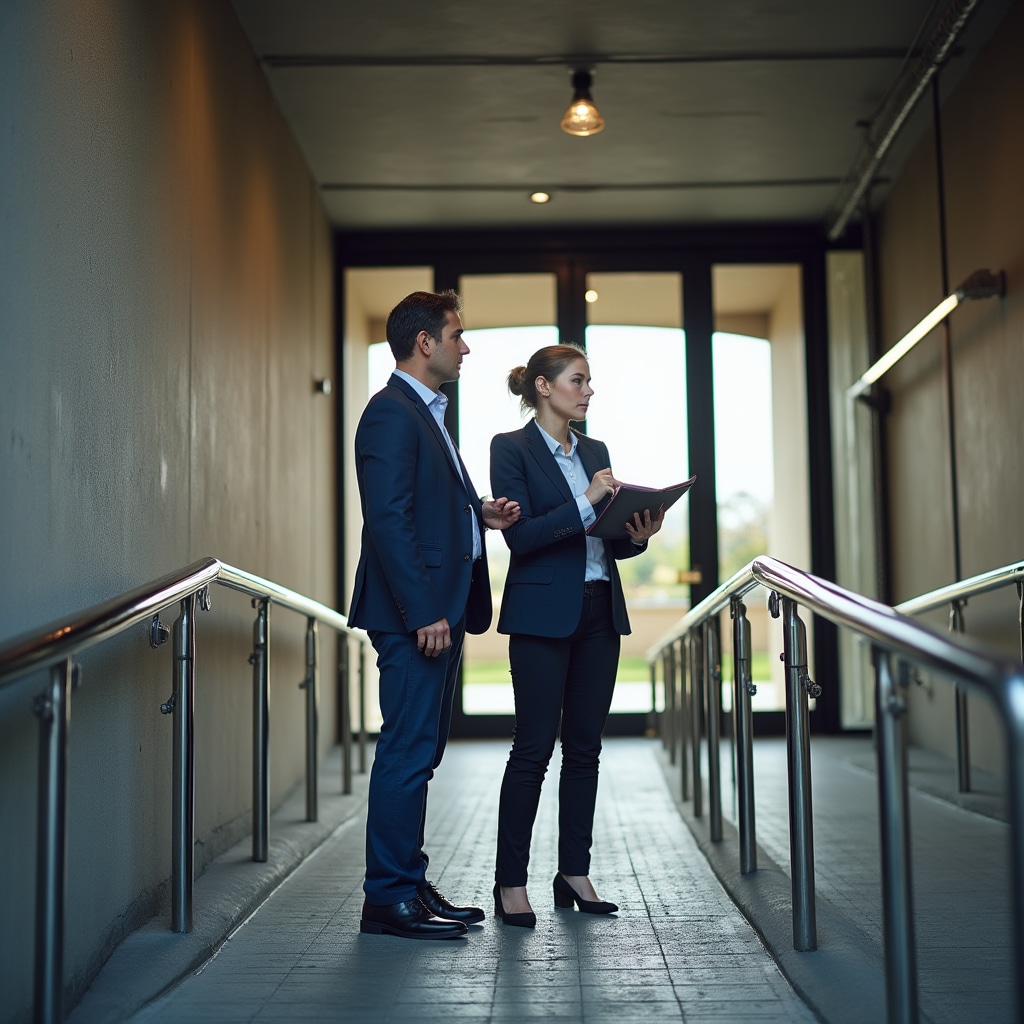 Accessibility consultant examining building entrance with ramp and handrails