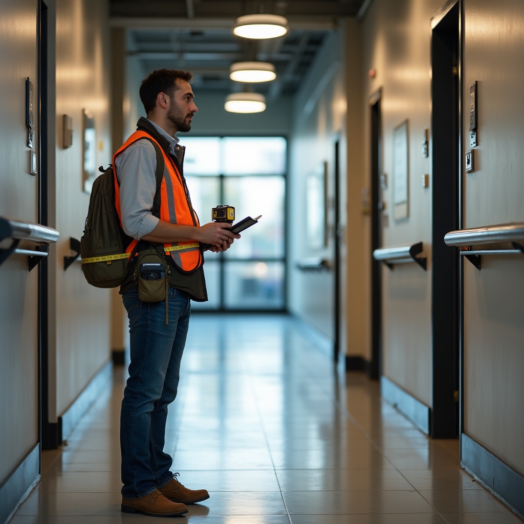 Professional conducting detailed accessibility assessment with measurement tools and documentation